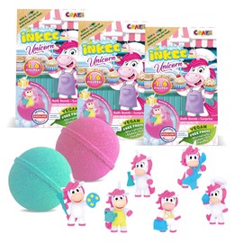INKEE UNICORN PROFESSIONS | 3x Badebomben Kinder mit Überraschung - 3 von 6 verschiedenen Einhörnen zum Sammeln - 3x 100g Badekugeln mit Bananenmilchshake-Aroma und Jojobaöl, Rosa oder Grün