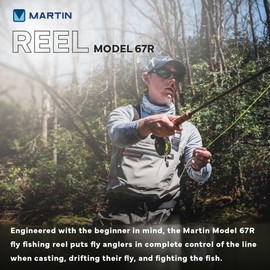 Martin Model 67R Fly Fishing Reel, Single Action, Metal Click Drag, Aluminum Construction, Line Guides, 6-Weight Floating Fly Line, Interchangeable Retrieve, Push-Button Release, Brown/Silver