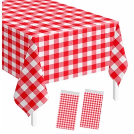 SietDESEO 2 Pack Red Gingham Tablecloth Rectangle 54 x 108 Red and White Checkered Table Cloth Disposable Plaid Table Cover Plastic for Birthday Baby Shower Picnic Wedding Party Supplies