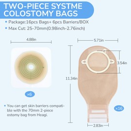 Pack of 22 Ostomy Supplies, Two Piece Colostomy Bags with Seal for Ostomy Care Ileostomy, Cut to Size, 70mm Max (16 x Colostomy Bags + 6 x Cutane Barrier)