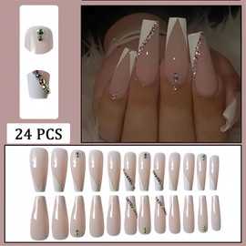 White French Tip Press on Nails Long Ballet Fake Nails with Glossy Flat Bottom Colored Diamond False Nails Full Cover Cute Colorful Rhinestones Artificial Nails for Nail Decorations 24 Pcs