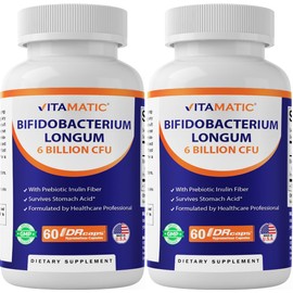 Vitamatic Bifidobacterium Longum 6 Billion CFU per DR Capsule - 60 Count - Promotes Intestinal Health - Made with Prebiotic Inulin Fiber- 2 Pack