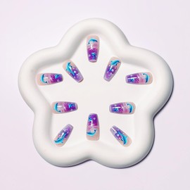 Purple Ocean Press on Nails Coffin Medium Fake Nails with Cute Dolphin Designs Summer Glossy Acrylic False Nails Artificial Stick on Nails Full Cover Glue on Nails for Women 24Pcs