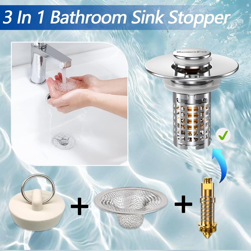 3-in-1 Bathroom Sink Drain Strainer, Stainless Steel Pop-up Strainer Basket