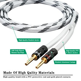 InnoStars 14AWG Speaker Wire Cable (15 Feet), Premium Heavy Duty Braided Speaker Cable Dual Gold Plated Banana Plug Tips - 99.99% Oxygen-Free Copper, in-Wall CL2 - White, 15ft