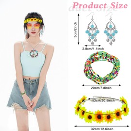 5 Pcs Hippie Costume Accessories Set 70s Peace Sign 60s Outfits for Women Necklace Earrings Flower Headband Sunglasses, 60s 70s Party Dressing Accessory Retro Party Decorations