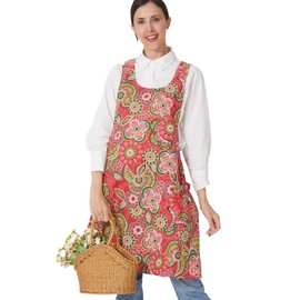 APRONNER Cozy Adjustable Cross Back Aprons for Women with Pockets Cotton Linen Cooking Kitchen Baking Red Flowers