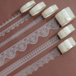 Songdao 6 Rolls Lace Patterns PET Tapes Floral Arts Decorative Tape Set Adhesive Transparent Masking Tapes for DIY Craft, Kids, Scrapbook, DIY, Gift Wrapping, Journal (Pure White)