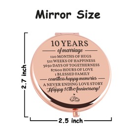 Cawnefil 10 Years Anniversary Wedding Gifts for Her Rose Gold Compact Mirror Best Romantic Anniversary Marriage Gift 10th for Her Wife Girlfriend