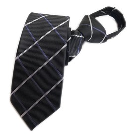 Secdtie Men's Boy's Zipper Tie Business Wedding Solid Checks Striped Designer Necktie, Black Check, One Size