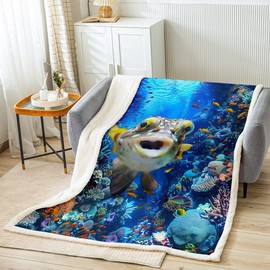 Castle Fairy Puffer Fish Throw Blanket,Coral Fish Bed Blanket for Kids Teens Boys Girls,Cute Undersea Lifes Fleece Blanket Blue Watercolor Animals Plants Fuzzy Blanket for Bedroom Decor,40"x50"