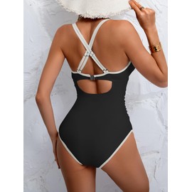 B2prity Women's V Neck One Piece Swimsuit Tummy Control Slimming Bathing Suit Double Straps Crisscross Back Swimwear Black,White