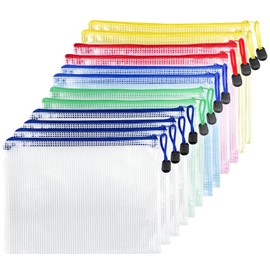 Fousenuk Document Bags with Zip, Pack of 12, A3, Waterproof Document Case, Mesh Plastic Zip Bag, Zip Pockets, for Files, Papers, Receipts, Cosmetics, 5 Colours