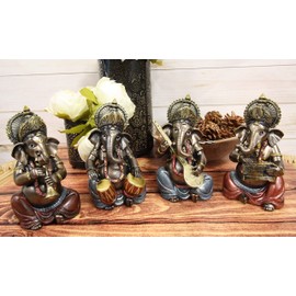 Ebros Celebration of Life and Arts Lord Ganesha Playing Musical Instruments Statue 6.75" Tall Hindu Elephant God Deity Remover of Obstacles Figurine Vastu Hinduism Collectible Decor (Set of 4)