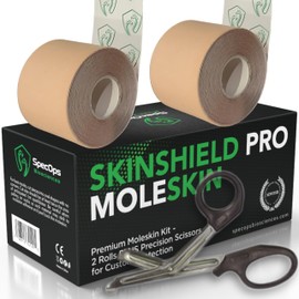 SpecOps Biosciences Athletic Moleskin for Blister Prevention, SkinShield Pro 2-Roll Bundle (32 ft) with Trauma Shears for Cutting Moleskin
