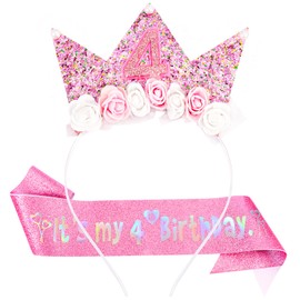 Vovii 4th Birthday Decorations for Girls, Birthday Girl Headband & Glitter Sash Set for 4 Year Old Girl Birthday Decorations, Birthday Flower Princess Crown Headband for Happy 4th Birthday Girl Outfit
