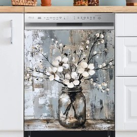 RTHDG Country White Flower Magnet Dishwasher Door Cover Retro Style Vinyl Panel Decal, Still Life Flowers Refrigerator Magnetic Skins Cover Reusable Dishwasher Sticker, 23" x 26" Magnetic