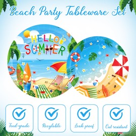 Maxdot 100 Pack Hawaiian Beach Theme Paper Plates Hello Summer 9" & 7" Disposable Dinner & Dessert Plates Hawaiian Tropical Tableware for Summer Birthday Beach Themed Party Supplies