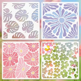 Flower Texture Stencils for Painting, 4PCS 8x8 Inch Stencils for Crafts Reusable, Floral Stencils for Painting on Wood Wall Tile Furniture, Painting Stencils for Home Decor