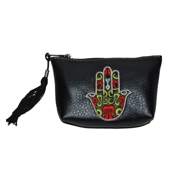 Moroccan Cosmetic Makeup Faux Leather Pencil Pouch Purse Wallet Hamsa Small Black
