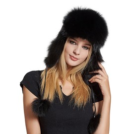 Fur Story Women's Fur Trapper Hat with Sheepskin Earflap Warm Hat Winter hat with Pom Pom