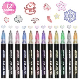 YIJHLHB 12 Color Outline Markers, Super Wavy Outline Metallic Markers, Double Line Paint Glitter Markers for Christmas Card Writing, Birthday Wishes, Painting, DIY Art Crafts