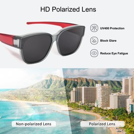 TINHAO Polarised Over Glasses Sunglasses for Men Women, Trendy Square Fit Over Sunglasses UV400 Protection(Grey red, Black)