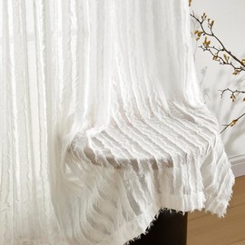 White Privacy Sheer Curtains for Living Room 84 Inches Length,Bedroom Light Filtering Semi Sheer Window Curtain Drapes,2 Panels Set Back Tab Rod Pocket Striped Tulle Curtains