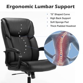 Executive Office Chair - Ergonomic Home Computer Desk Chair for Heavy People with Wheel, Lumbar Support, PU Leather, Adjustable Height & Swivel
