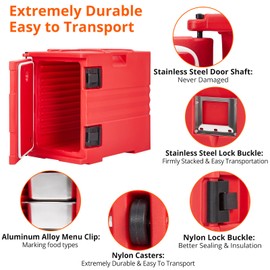 Takywep Insulated Food Pan Carrier - 82Qt Capacity, 90L Stackable Hot Box, Compatible with 3/6" or 6/2.5" Plates, Top Load Lldpe with Elastic Side Handles and Buckles, Red