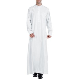 YAOHUOLE Thobe for Men Long Sleeve Casual Button Up Robe Side Split Muslim Kaftan Thobe with Pockets White L