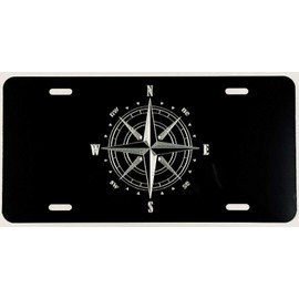 Diamond EtchedCompass Car Tag Engraved Etched on Gloss Black Aluminum License Plate Gift, 1550, Standard