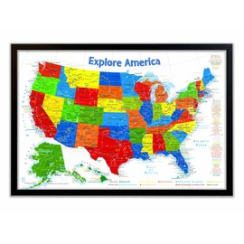 USA Map for Kids - National Parks Map with pins - Explore America Map - Framed Map - Primary Colors Edition - USA Travel Destinations - Framed Push Pin Board Map and includes 500 Map Pins