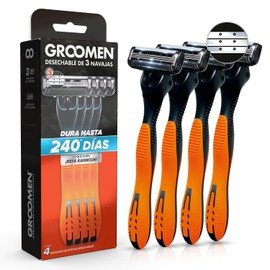 GROOMEN 300 - Rastrillo desechable de 3 cuchillas con nanotecnología cerámica, doble banda lubricante, carbón activado, aloe vera y vitamina E, caja con 4 piezas