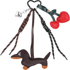 Leather Dachshund Keychain, Cute Dog Heart Cherry Keyring Puppy Bag Pendant Key Chain Charm Dachshund Accessories (Dark Brown)