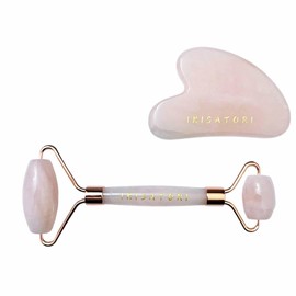Rose Quartz Natural Stone Curved Facial Roller & Guasha Set - Jade Facial Massage and Face Sculpting Tool by Ikisatori (Rose Quartz)