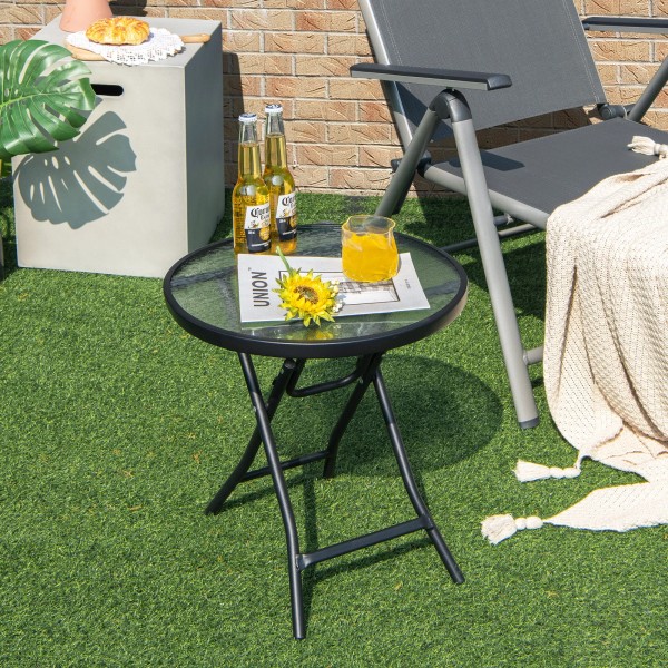 Patiojoy Patio 18" Folding Glass Round Side Table Portable Bistro