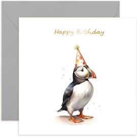 Old English Co. Puffin Happy Birthday Card for Her - Puffin Party Hat Birthday Card for Mum, Dad, Daughter, Son - Gold Foil Birthday Card for Women and Men | Blank Inside with Envelope