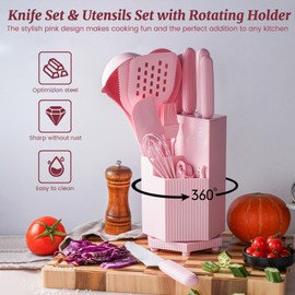 22-piece Knife Set & Kitchen Utensils Set with Rotating Holder,Nylon Utensils Set for Cooking,Stainless Steel Sharp Chef Knives Set for Cutting,Knife Block Set with Whisk Brush and Spoon (Pink)