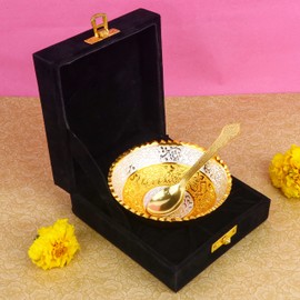SATVIK 1 Set Designer Gold Silver Plated Lotus Flower Dessert Dry Fruits Embossed Serving Bowl With Spoon Set Festive Diwali Pujan Decortive Bhog Bowl Christmas Housewarming Wedding Return Gift Items