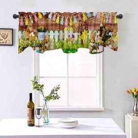 DOTOOMA 54x18 Inches Bunny Colorful Flags Fence Grass Happy Easter Window Valance Road Signs Floral Tattered Easter Eggs Holiday Window Decorations Short Curtains