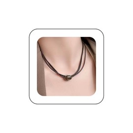 Xduargs Boho Layered Leather Choker Necklace Black Leather Rope Necklace Vintage Opal Oval Necklace Multilayered Amber Opal Oval Necklace Jewelry for Women