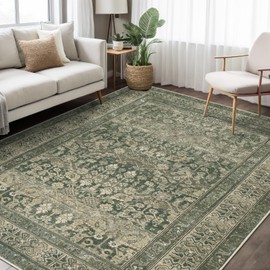 Dotiiorug Vintage Washable Area Rug for Living Room,Low Pile 5x7 Non Slip Carpet Non-Shedding Area Rug Soft Indoor Stain Resistant Rug Floral Print Mat for Bedroom Dining Room Green