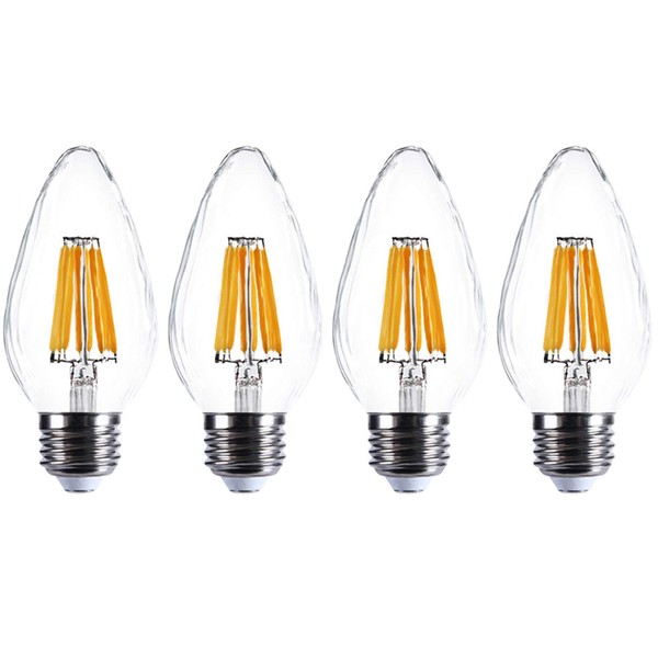 E27/E26 6W F15 Dimmable LED Porch Light Filament Bulb, Warm White 2200K 60W Equivalent 600 Lumen Edison Vintage Bulbs for Home Lighting, Flame Wrinkle Clear Glass Cover, 4-Pack, AC 120V
