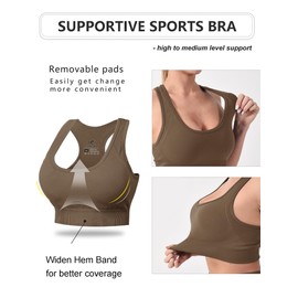 CLDFHX Sports Bras Women Seamless Padded Without Underwire High/Mid Impact Support Racerback Sport Bra for Workout Yoga Gym, Brown, XL