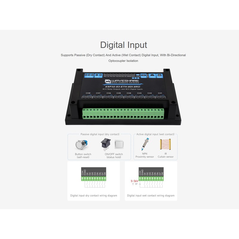 Industrial 8-Ch ESP32-S3 WiFi Relay Module, Onboard RS485, Digital Input,