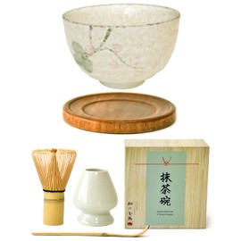 Premium Japanese Ceremonial Matcha Green Tea Chawan Bowl Full Kit Matcha Whisk Set with Accessories and Tools Bamboo Chasen Matcha Whisk Scoop and Holder (Spring Petal)