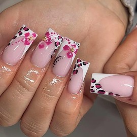 MERVF Long Square Press on Nails White French Tip Fake Nails Rose Red Leopard Print Glue ons Squoval Acrylic Nail Flower Design Manicure Supplies Art DIY Glossy 24pcs