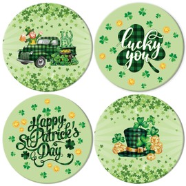 Whaline St. Patrick's Day Coaster 4Pcs Watercolor Green Lucky Shamrock Truck Hat Drink Coaster Irish Ceramic Coaster Cup Mat for Mugs Cups Home Kitchen Party Supplies, 4.1 x 4.1 x 0.3 Inch