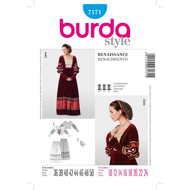 Burda 7171 Historical Dress Renaissance Size 10- 24